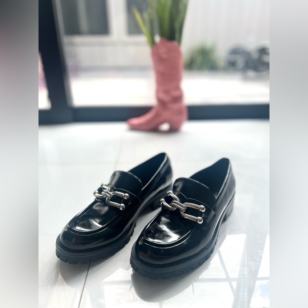 Zara Chunky Glossy Black Loafers with Silver Accent Sz 8.5